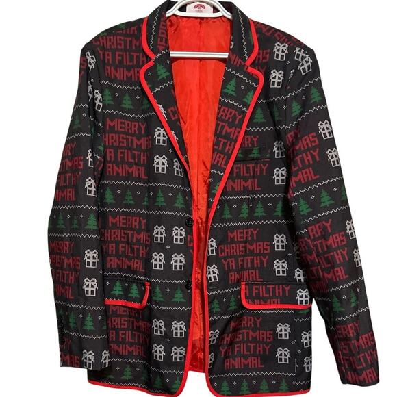 Holiday Time Mens Black Red Green Merry Christmas Ya Filthy Animal Blazar w/ Tie - Picture 2 of 13